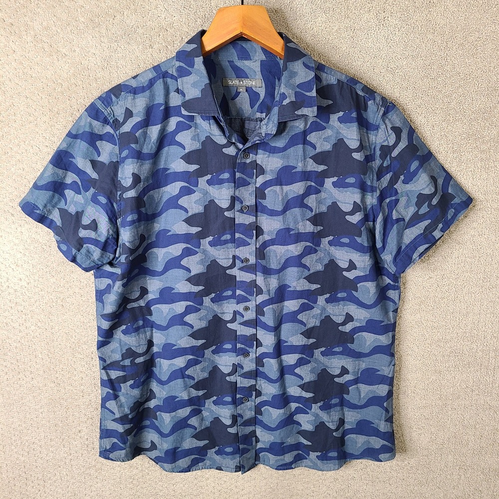 Slate & Stone Shirt Mens XL Blue Camo Button Down Cotton Short Sleeve Casual